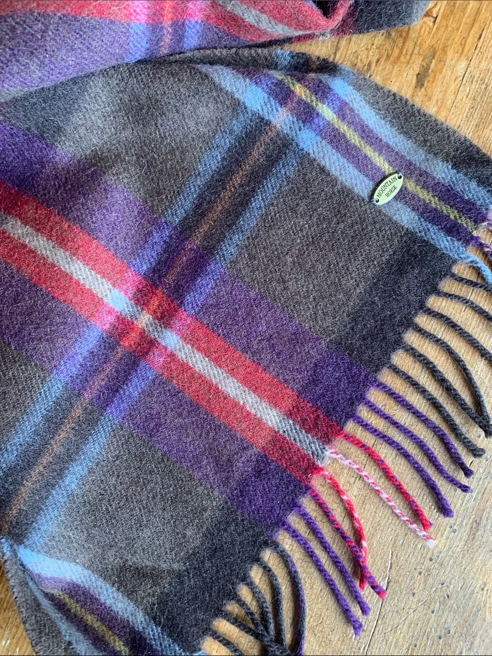 Mountain Horse Wool Blend Plaid Fringe Wool Blend Scarf in Gray, Purple & Red